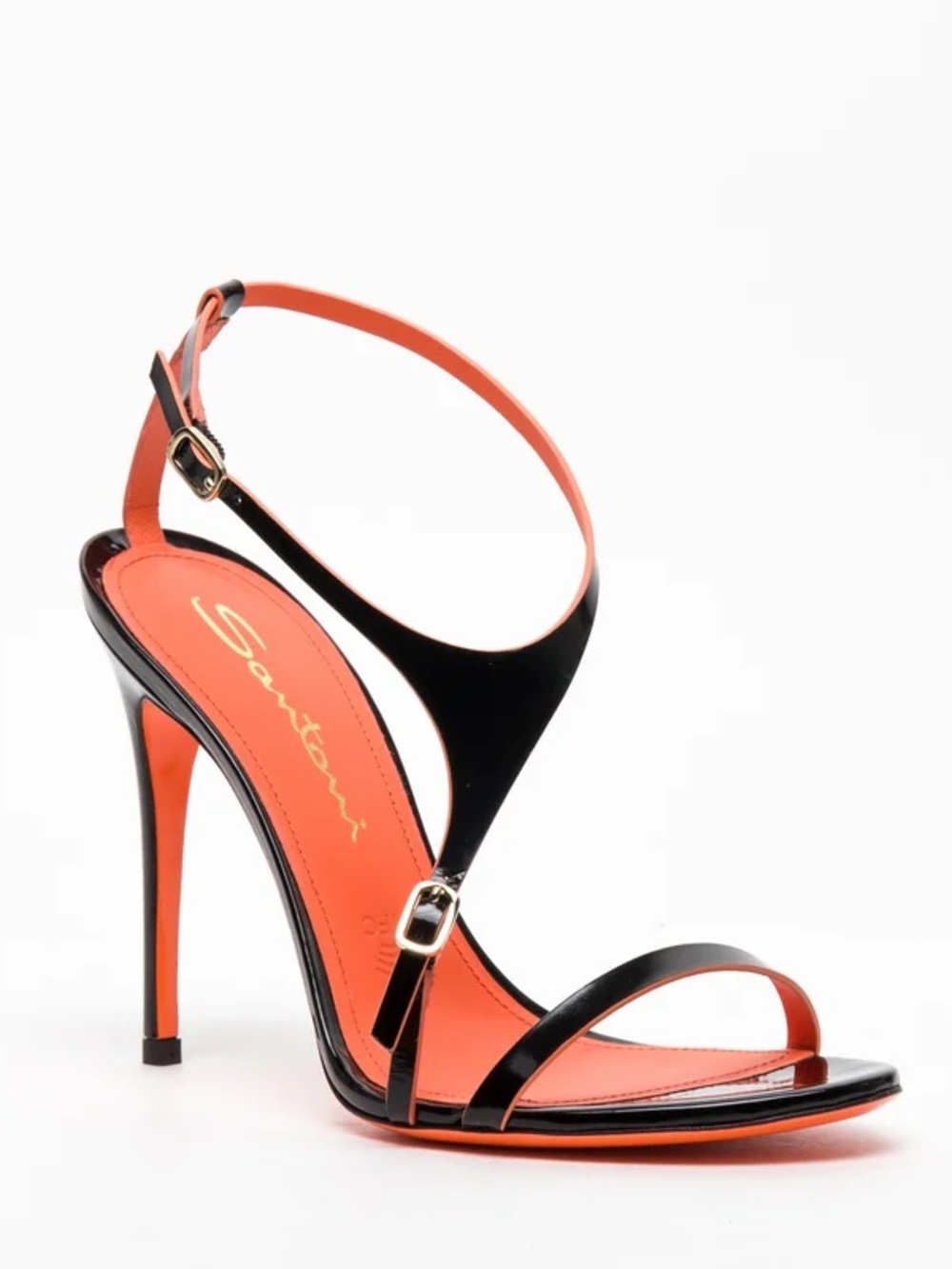 Santoni Black and Orange High-Gloss Strappy Stiletto Sandals